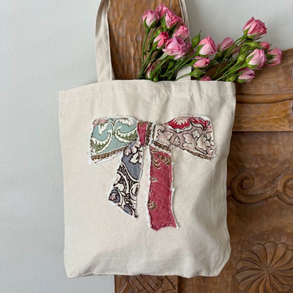 Repurposed quilt and canvas tote bag, farmers market bag with bow